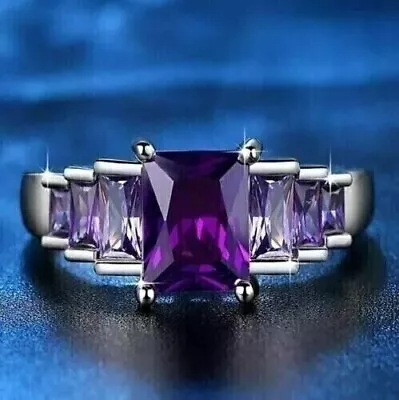 14K White Gold Plated 2Ct Lab Created Women's Wedding Ring Emerald Cut Amethyst • $122.14