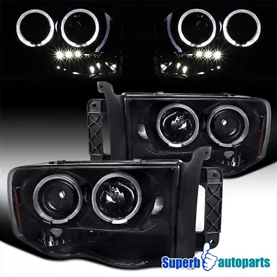 Fits 2002-2005 Ram 1500 2500 Smoke LED Halo Projector Headlights Glossy Black • $121.98