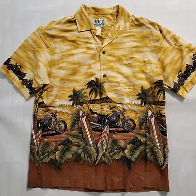 Vintage KY'S Mens Large Hawaiian Shirt Button Up Yellow Made USA Motorcycle Surf • $18.74