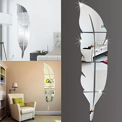 Feather 3D Mirror Tiles Design Wall Stickers Self Adhesive Home Bedroom Decals . • £5.55