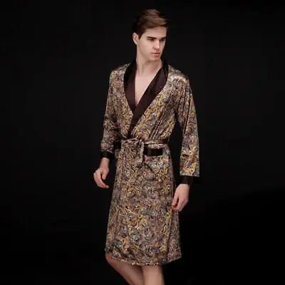 Mens Chinese Japanese Oriental Gold Dragons Long Sleeve Bathrobe Dressing Gown • $24.99