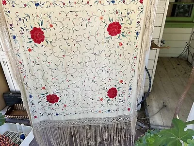 Antique Canton Silk Shawl Floral Embroidered 1920s Large Piano Scarf Wrap Fringe • $42