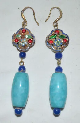 China Qing Dynasty Women Traditinal Jewelry Silver Earbob Color Jade Earrings • $29.99