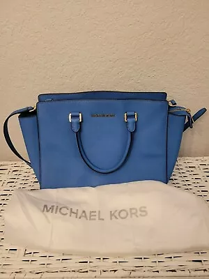  Michale Kors Medium Saffiano Leather Satchel Blue W/gold Trim Bag/purse Euc • $99.99