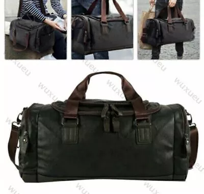 Men's Large Leather Travel Gym Bag Weekend Overnight Duffle Bag Handbag Black • £23.81