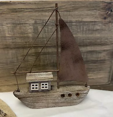 Natural Wooden Sailboat Ornament With Metal Mast & Sail Seaside Nautical Sailing • £9.95