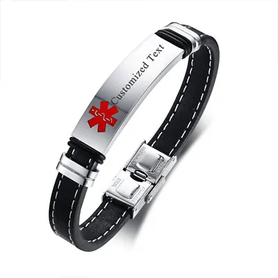 Medical Alert ID Men Women Leather Bracelet Stainless Steel SOS Free  Engrave • £7.19