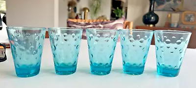 Lot Of 5 Vintage Hazel Atlas Capri Dot Blue Glass 3 1/2  Juice Tumblers Barware • $24.99