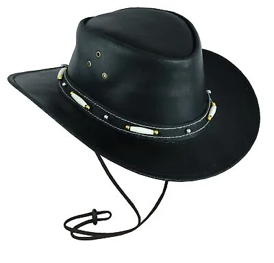 £16.85 • Buy Australian Bush Hat Black Leather Cowboy Western Outback Style With Chinstrap