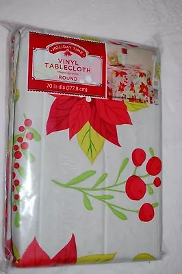 Vinyl Tablecloth CHRISTMAS HOLIDAY White Red POINSETTIAS Winter Berry 70  ROUND  • $12.99