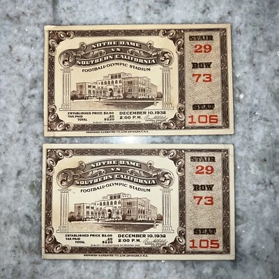 $122.50 • Buy 2 NOTRE DAME At USC - COLLEGE FOOTBALL TICKET - 1932