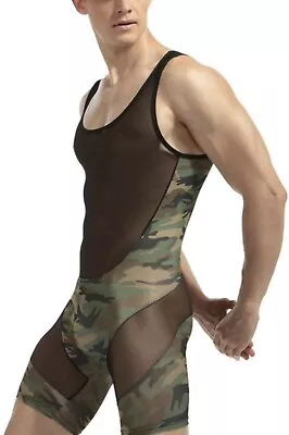Men's Camouflage & Black Mesh One Piece Singlet Bodysuit Underwear US Sz: XL NWT • $21.99