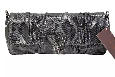 VICTOR ALFARO Black Gray Snake Print Ruched Rectangular Clutch Bag • $29.99