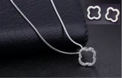 Flower 4-leaf Lucky Clover Silver Pave CZ Jewelry Set: Necklace & Earrings • $16.99