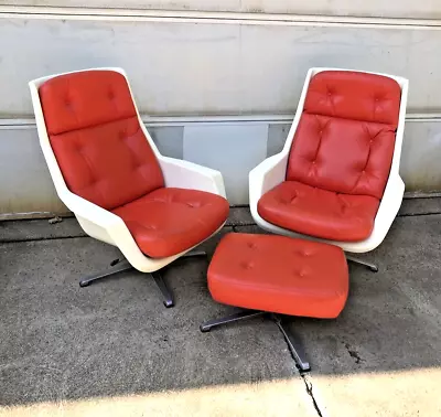 Pair Sweden Overman Swivel Lounge Chairs W/ Ottoman 1970 Jetson Space Age Retro • $5785