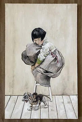 Contemporary Portrait Young Asian Girl Hanbok Monkey Tiger Cub Wildlife Painting • $750