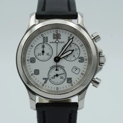 Hamilton Khaki Quartz Chrono Men's Watch 1 9/16in Vintage RAR With Leather 3832 • $540.06
