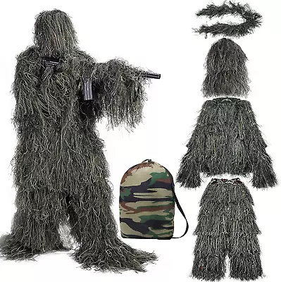 Ghillie Suit 5 In 1 3D Camouflage Hunting Suit  Woodland Gilly Suit Hooded Gil • $47.99