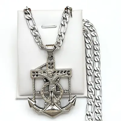 Stainless Steel Jewelry Jesus Anchor Crucifix Cross Pendant & Figaro Chain • $18.50