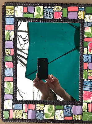 Handmade Mosaic Framed Mirror Colorful Tile Chips W/ Black Grout 12”x15” • $49