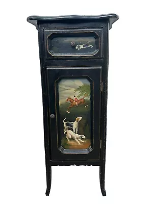 19th CENTURY BLACK LACQUERED HAND PAINTED CABINET DOGS HUNTING CUPBOARD ART DECO • $219.99