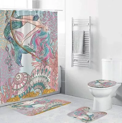 Mermaid Shower Curtain Bathroom Rug Set Bath Mat Non-Slip Toilet Lid Cover • $12.34