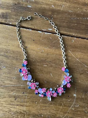 J CREW Posey Pink Blue Floral Necklace Rhinestones Gold Tone Neon Flowers • $50