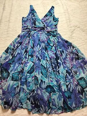 Kaleidoscope Blue Floral Sleeveless V Neck Lined Chiffon Dress - Sz 12 • £9.99