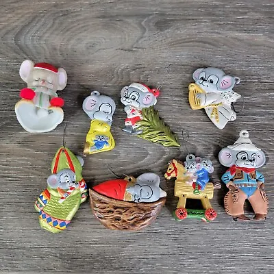 Ceramic Mice Christmas Ornaments Lot Of 8 Bell Cowboy Angel Sleeping Horse VTG • £23.39