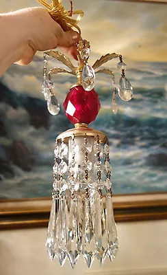 Vintage Ruby Red Lucite SWAG Plugin Light Lamp Chandelier Crystal Glass Prisms • $78