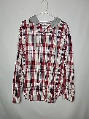 H2H White Red Plaid LS Lightweight Button Up Hoodie Shirt Jacket Men's Large  • $12.99