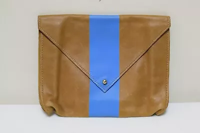 CLAIRE V~CLAIRE VIVIER Saddle Brown Leather Envelope Clutch ~ Blue Stripe • $59