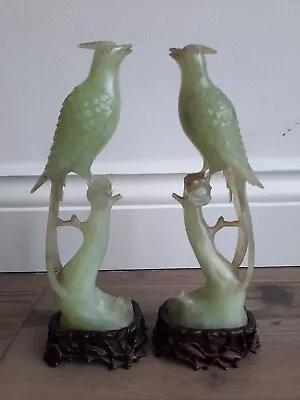 Pair Of 9inch 20cm Chinese Jade Phoenix's On Wooden Stands • £119