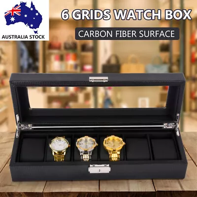 6 Grids Watch Box Carbon Fiber Storage Case Jewelry Display Organizer Gift • $31.59