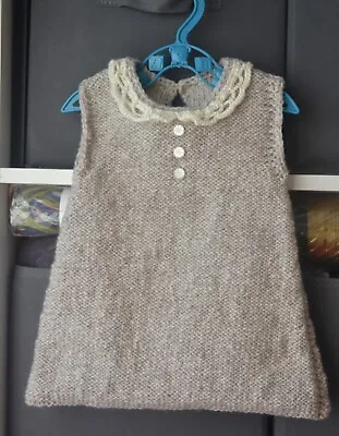 £12.95 • Buy Hand Knitted Baby Dress Lace Collar Beige Wool Acrylic 6 Months