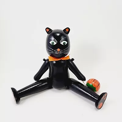 Midwest Of Cannon Falls Wood Halloween BLACK CAT Pumpkin Vtg Jack O Lantern • $49.99