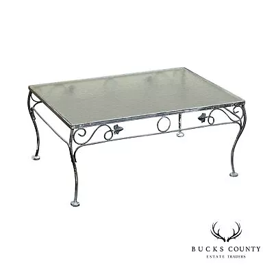 Mid Century Wrought Iron And Glass Top Outdoor Cocktail Table • $465