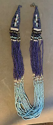 Vintage Patterned Shades Of BLUE Multi Strand Hand Made Seed Bead Necklace AS IS • $20