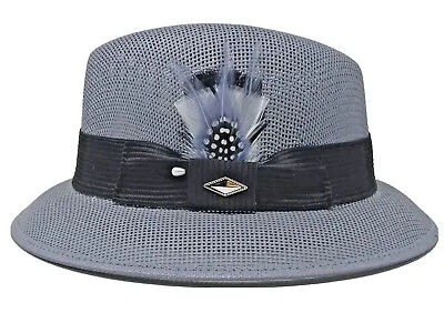 Mens Dark Grey Lowrider Fedora Vented Straw Hat (Whittier) W/Grey Combo Feather • $49.95
