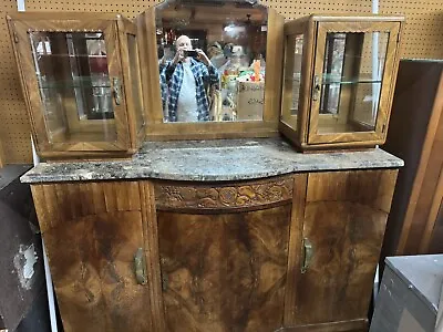 Antique Oak  Buffet Bar Cabinet With Beautiful Marble Top Will Ship! • $2499