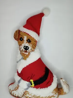 Vtg Needlepoint Pillow Jack Russell Dog Santa Wool • $75