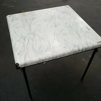 Vintage 30  Wood & Metal Folding Card Game Table ~ Marble Paper Top Portable  E • $34