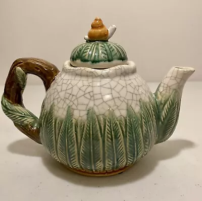 Vintage Nouveau Majolica Teapot Garden Fern And White Crackle Snail On Lid • $25