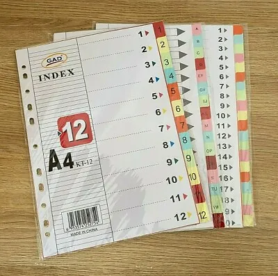 A4 Card File Dividers Folder Document Index Sheets Coloured - Subject/ A-Z/ 1-12 • £2.45
