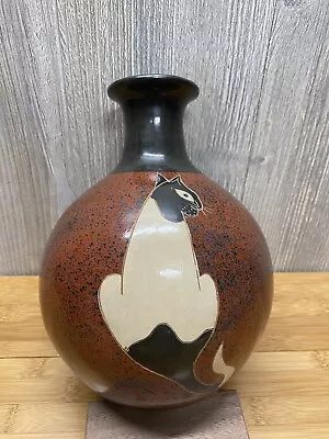$45 • Buy Vintage Marvin Jose Calero Signed Nicaragua Clay Pottery Vase Cat Design 8.5”