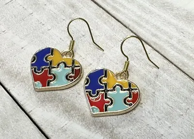 Gold Autism Awareness Puzzle Piece Heart Earrings 14k Sterling Vermeil Ear Wire • $6.50