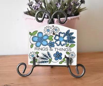 Vintage Taunton Vale Blue Floral Wall Hooks 'Rings & Things' Retro Melamine (O) • £5.95