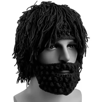 Men Black Handmade Knitted Crochet Mustache Hat Beard Beanies Bicycle Mask • $14.99
