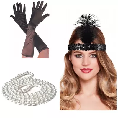 Ladies Black 3pc Flapper Gatsby 1920s Fancy Dress Charleston Costume Accessories • £3.49