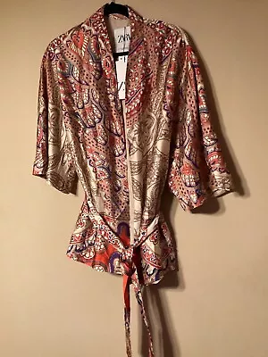 Beautiful ZARA Retro Floral Printed Belted Satin Effect Kimono Jacket Size XS- S • $39.99